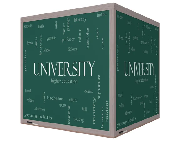 Облачная концепция университетского Word на доске 3D куба — стоковое фото