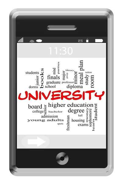 Conceito de nuvem do Word Universidade no telefone Touchscreen — Fotografia de Stock