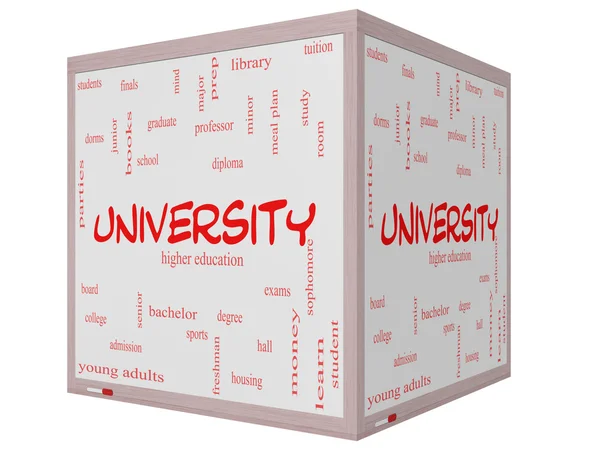 Concept University Word Cloud sur un tableau blanc de cube 3D — Photo