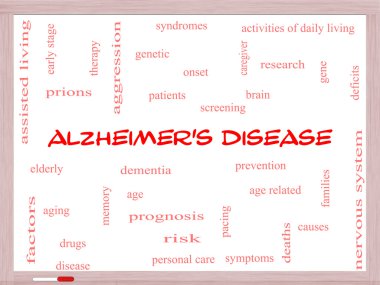 Alzheimer hastalığı word cloud kavramı bir beyaz tahta üzerinde
