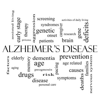 Alzheimer hastalığı word cloud kavramı siyah beyaz