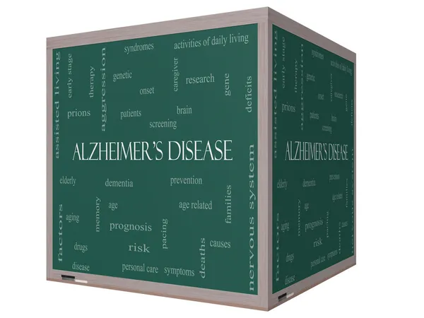 De ziekte van Alzheimer woord wolk concept op een 3D-kubus schoolbord — Stockfoto