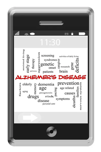 Morbo di Alzheimer Word Cloud Concept su Touchscreen Phone — Foto Stock