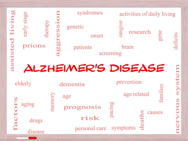 Alzheimer 's Disease Word Cloud Concepto en una pizarra blanca —  Fotos de Stock