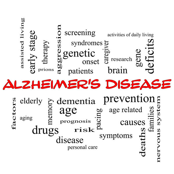 Болезнь Альцгеймера Слово Облако концепции в красных шапках
