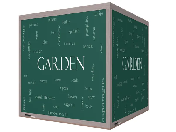 Conceito de nuvem do Word Garden em um quadro negro de cubo 3D — Fotografia de Stock