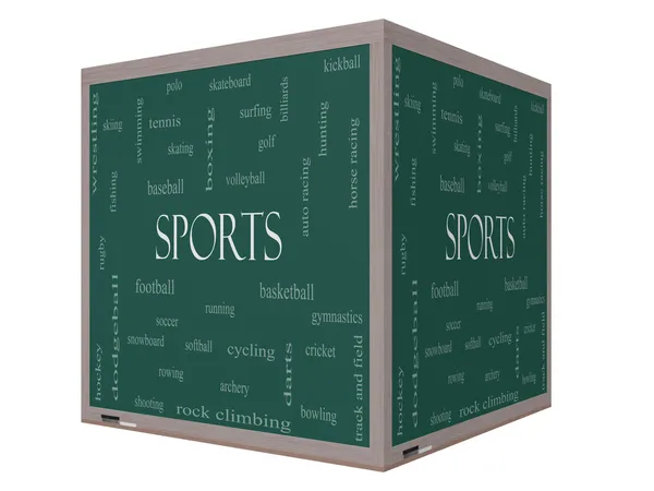Sport woord wolk concept op een 3D-kubus schoolbord — Stockfoto