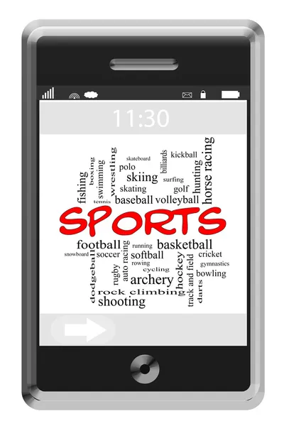 Sports Word Cloud Concept on Touchscreen Phone — Stock Photo, Image