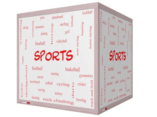 Sports Word Cloud Concept on a 3D cube Whiteboard — Stock Photo, Image