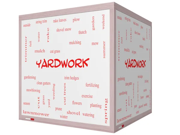 Conceito de nuvem de Word Yardwork em um quadro branco de cubo 3D — Fotografia de Stock