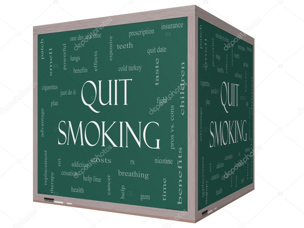 Quit Smoking Word Cloud Concept on a 3D cube Blackboard