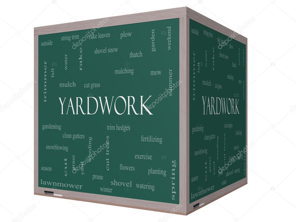 Yardwork Word Cloud Concept on a 3D cube Blackboard
