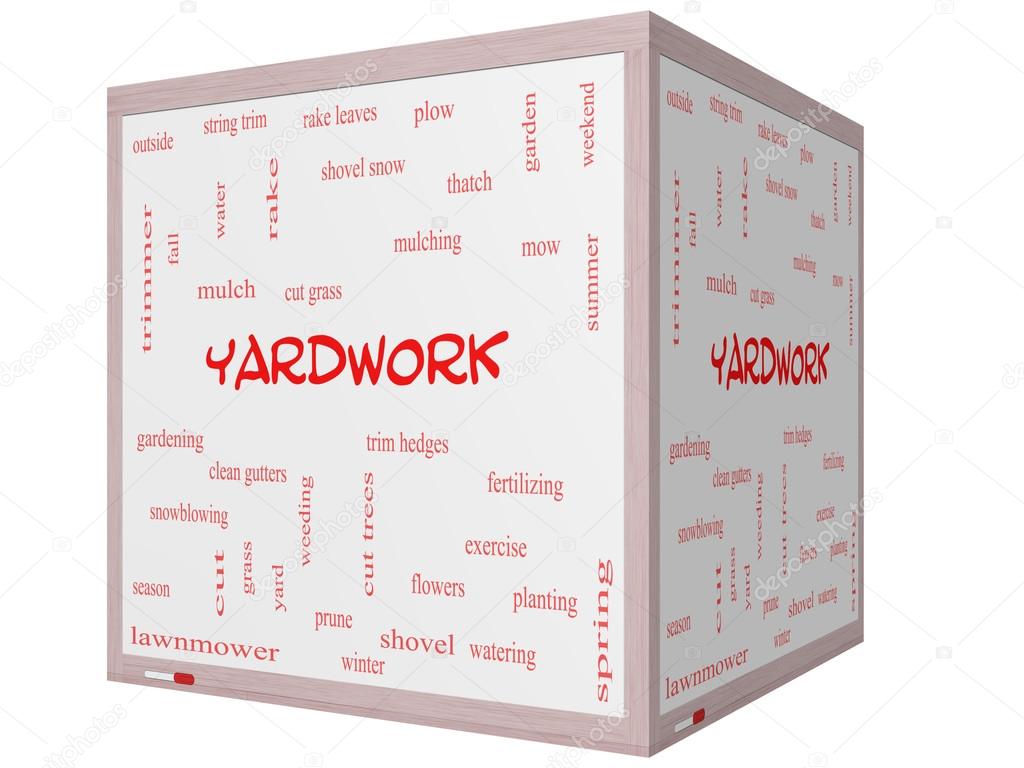 Yardwork Word Cloud Concept on a 3D cube Whiteboard