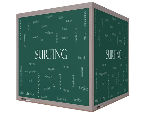 Surfing Word Cloud Concept on a 3D cube Blackboard — Stock Photo, Image