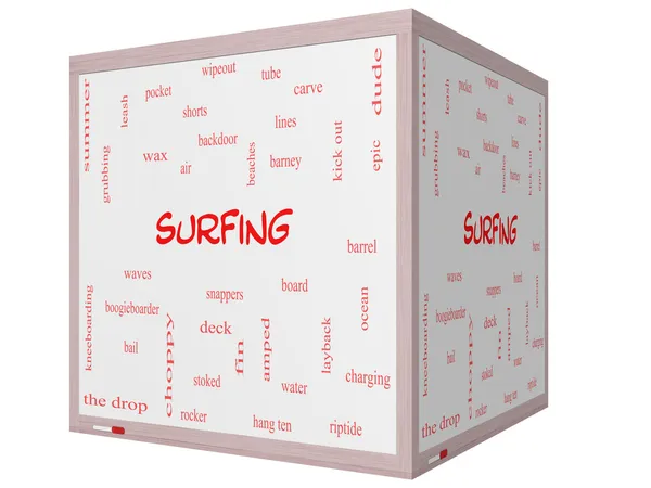 Surfing Word Cloud Concept on a 3D cube Whiteboard — Stock Photo, Image