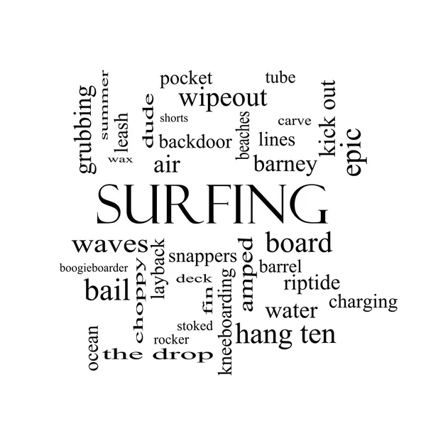 Kelime bulutu kavramı siyah beyaz sörf — Stok fotoğraf