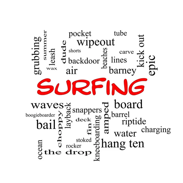 Surfing Word Cloud Concept in red caps — Stok fotoğraf