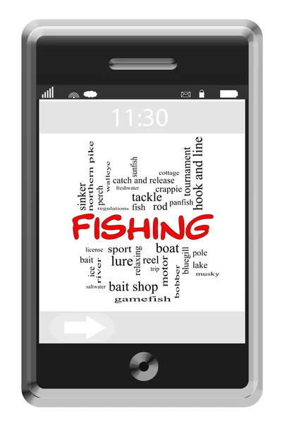 Fishing Word Cloud Concept on Touchscreen Phone — Stock Photo, Image