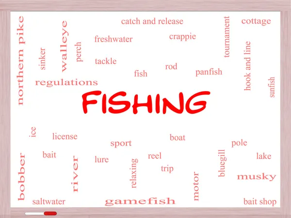 Концепция облака слова рыбалки на белой доске — стоковое фото
