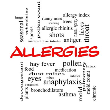 Allergies Word Cloud Concept in red caps clipart