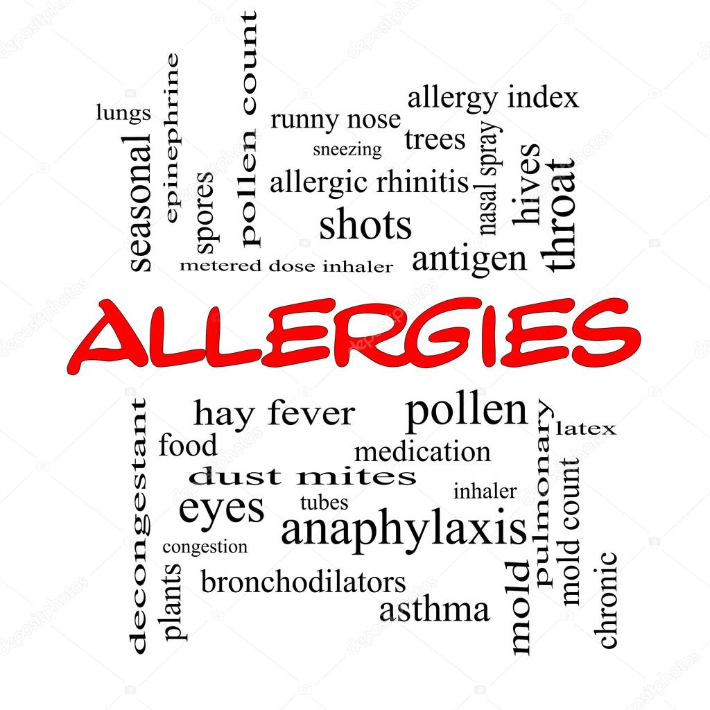 Allergies Word Cloud Concept in red caps
