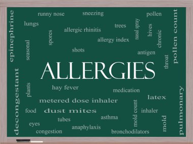 Allergies Word Cloud Concept on a Blackboard clipart