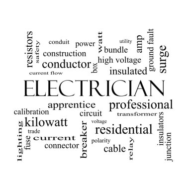 Elektrikçi kelime bulutu kavramı siyah beyaz