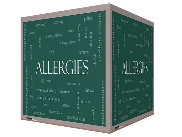 Allergies Word Cloud Concept on a 3D cube Blackboard — Stock Photo, Image