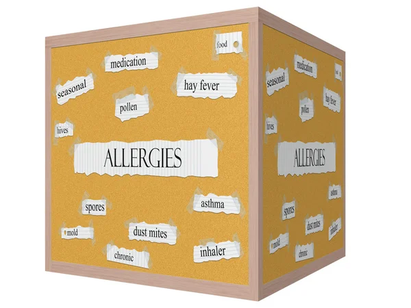 Allergien 3d Würfel Korkboard Wort Konzept — Stockfoto