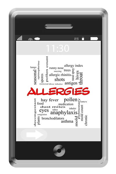 Allergies Word Cloud Concept on Touchscreen Phone — Stock Photo, Image