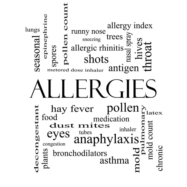 Αλλεργίες έννοια σύννεφο λέξη σε μαύρο και άσπρο — Φωτογραφία Αρχείου