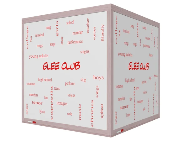 Glee kulübü kelime bulutu kavramı üzerinde bir 3d küp beyaz tahta — Stok fotoğraf