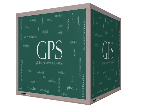 GPS Word Cloud Concept on a 3D cube Blackboard — Stock Photo, Image