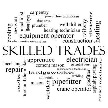 Skilled Trades Word Cloud Concept in black and white clipart