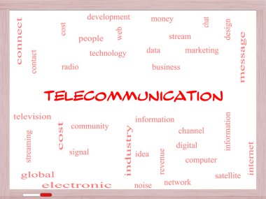 Telekomünikasyon kelime bulutu kavramı bir beyaz tahta üzerinde