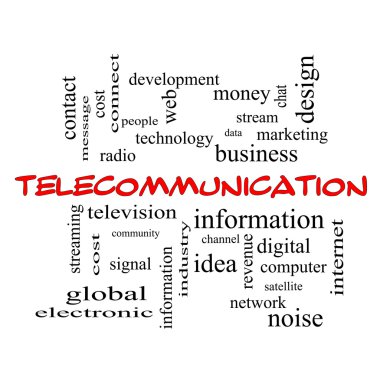 Telekomünikasyon kelime bulutu kavramı kırmızı kapaklar