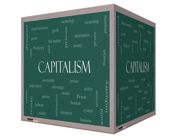 Capitalismo Word Cloud Concept en una pizarra de cubo 3D — Foto de Stock