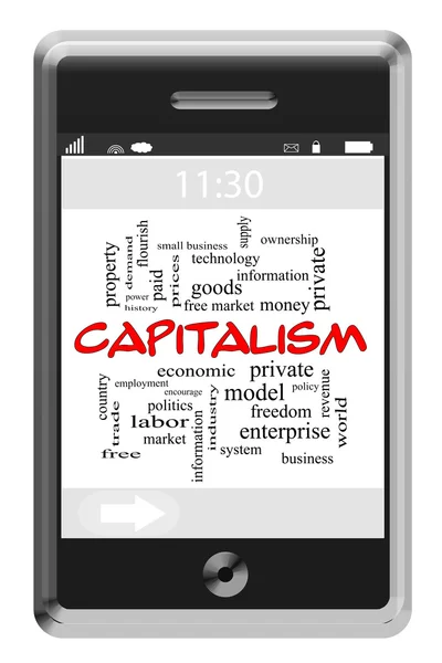 Capitalismo Word Cloud Concept en la pantalla táctil del teléfono — Foto de Stock