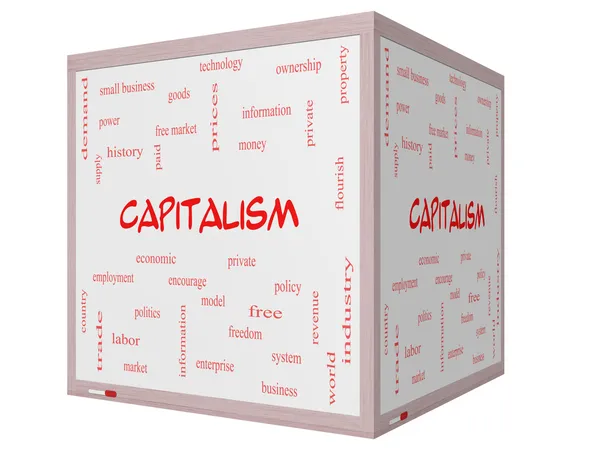 Capitalismo Word Cloud Concept en una pizarra blanca de cubo 3D — Foto de Stock