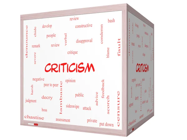 Kritik Wort Cloud-Konzept auf einem 3D-Würfel Whiteboard — Stockfoto