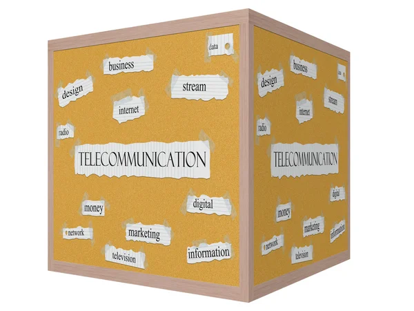Télécommunication 3D cube Corkboard Word Concept — Photo