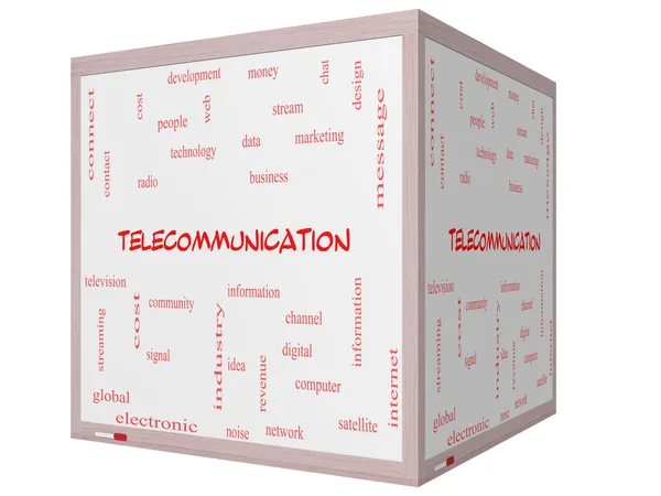 Telekommunikations-Word-Cloud-Konzept auf einem 3D-Würfel-Whiteboard — Stockfoto