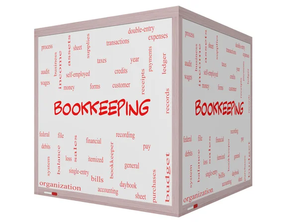 Bookkeeping Word Cloud Concept on a 3D cube Whiteboard — Stock Photo, Image