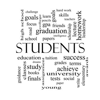 Students Word Cloud Concept in black and white clipart