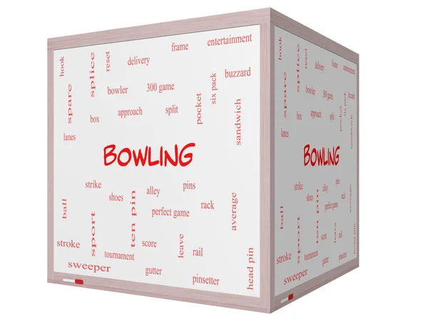 Bowling woord wolk concept op een 3d cube whiteboard — Stockfoto