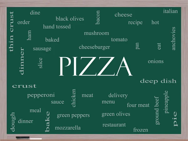 Pizza Word Cloud Concept on a Blackboard — Stock Photo, Image