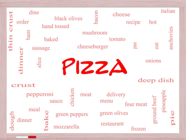 Pizza Word Cloud Concept on a Whiteboard — Stock Photo, Image