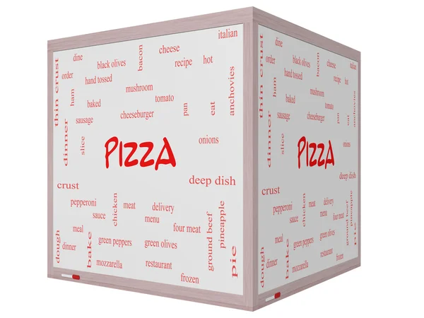 Pizza Word Cloud Concept on a 3D cube Whiteboard — Stock Photo, Image