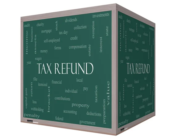 Tax Refund Word Cloud Concept on a 3D cube Blackboard — Stock Photo, Image