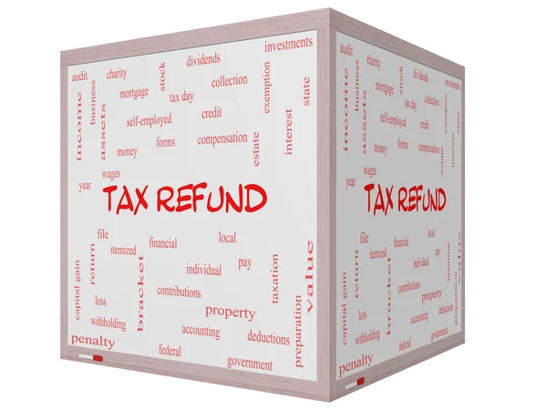 Tax Refund Word Cloud Concept on a 3D cube Whiteboard — Stock Photo, Image